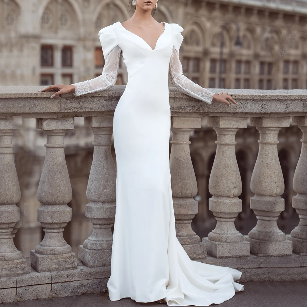 Chic Lace Long Sleeves Mermaid Wedding Dress V-Neck and Illusion Back with Buttons Bridal Floor Length Sheath Marriage Gowns