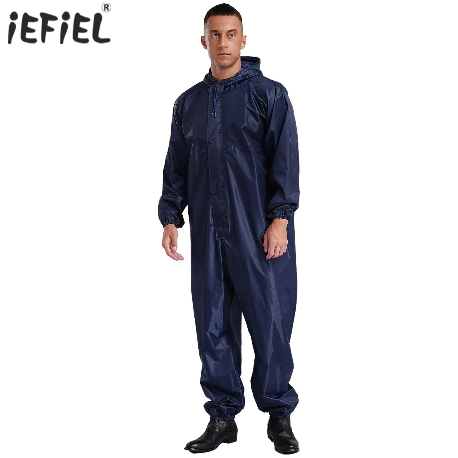 

Unisex Mens Raincoat Hooded Overalls Jumpsuit Waterproof Dustproof Coveralls Front Zipper Elastic Opening Work Wear Uniforms