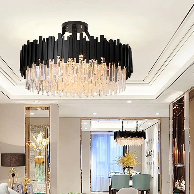 Modern crystal luxury circular chandelier, black living room, bedroom, indoor study, long LED lighting decoration light