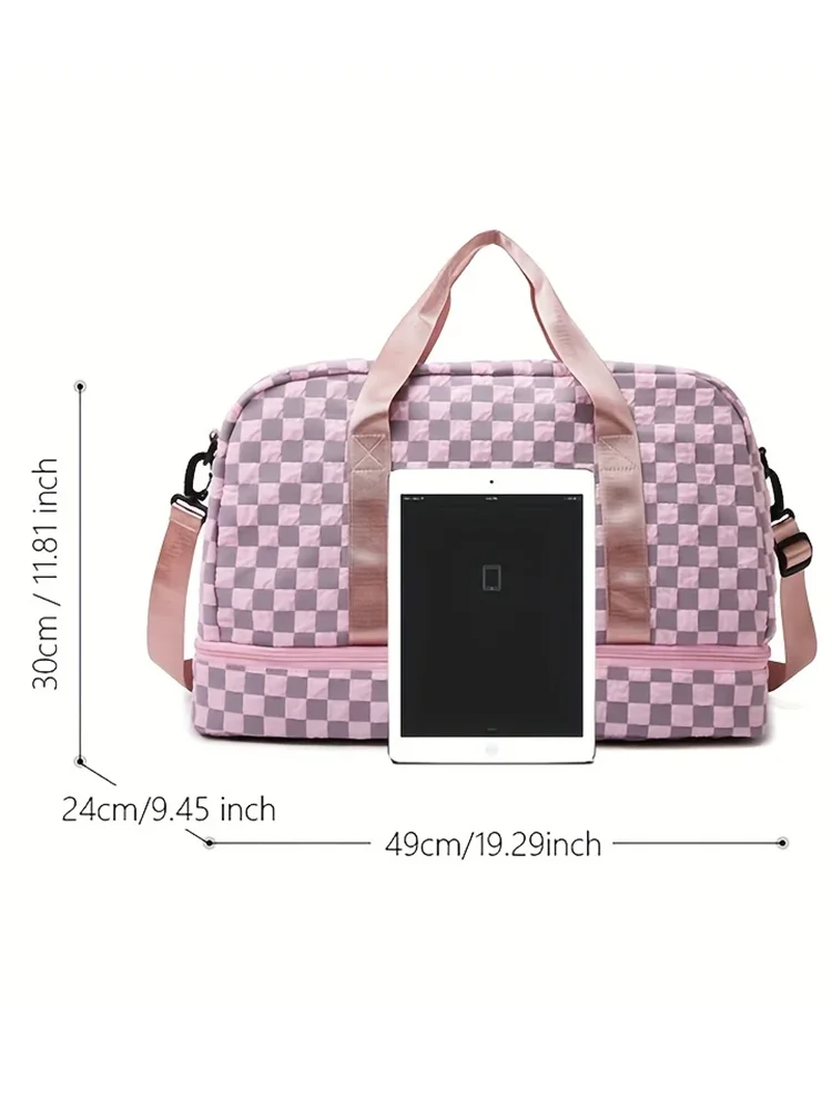 Large Capacity Checkerboard Pattern Duffle Handbag, Lightweight Travel Luggage Storage Bag, Portable Sports Fitness Bag