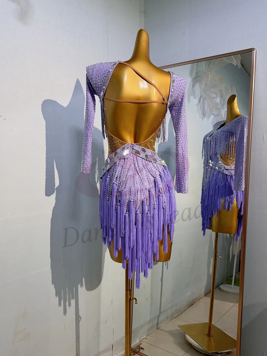 Gonna con nappe con giunture a barra di diamanti personalizzata di fascia alta da donna per danza latina, abito con strass con prestazioni di precisione di Samba