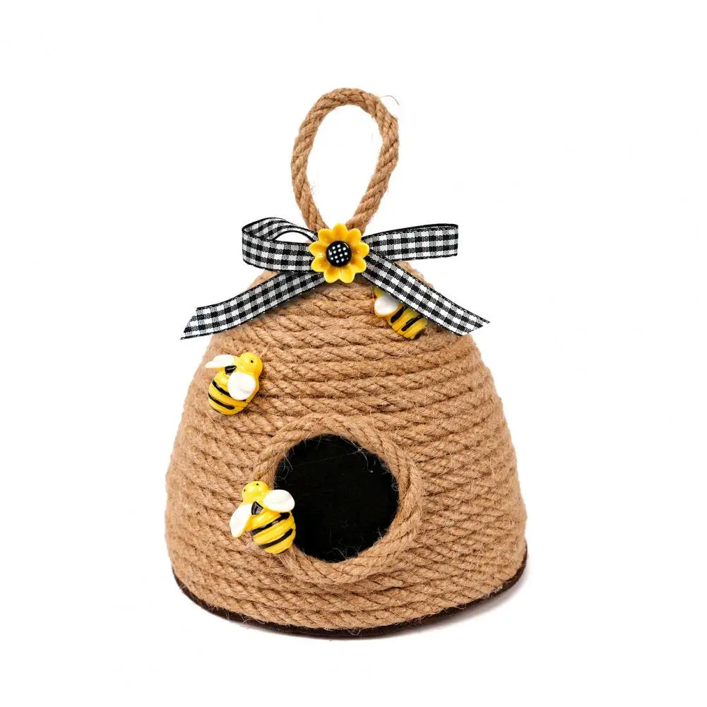 Handgefertigte Hängedekoration aus Seil, handgewebtes Seil-Bienenstock-Ornament mit Sonnenblumen-Schleife, rustikale Hängedekoration für Bauernhaus