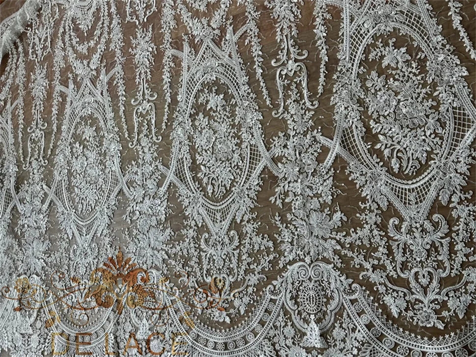 European-style Large Flowers Lace Sequins Fabric DIY Wedding Dress Tulle Lace Fabric