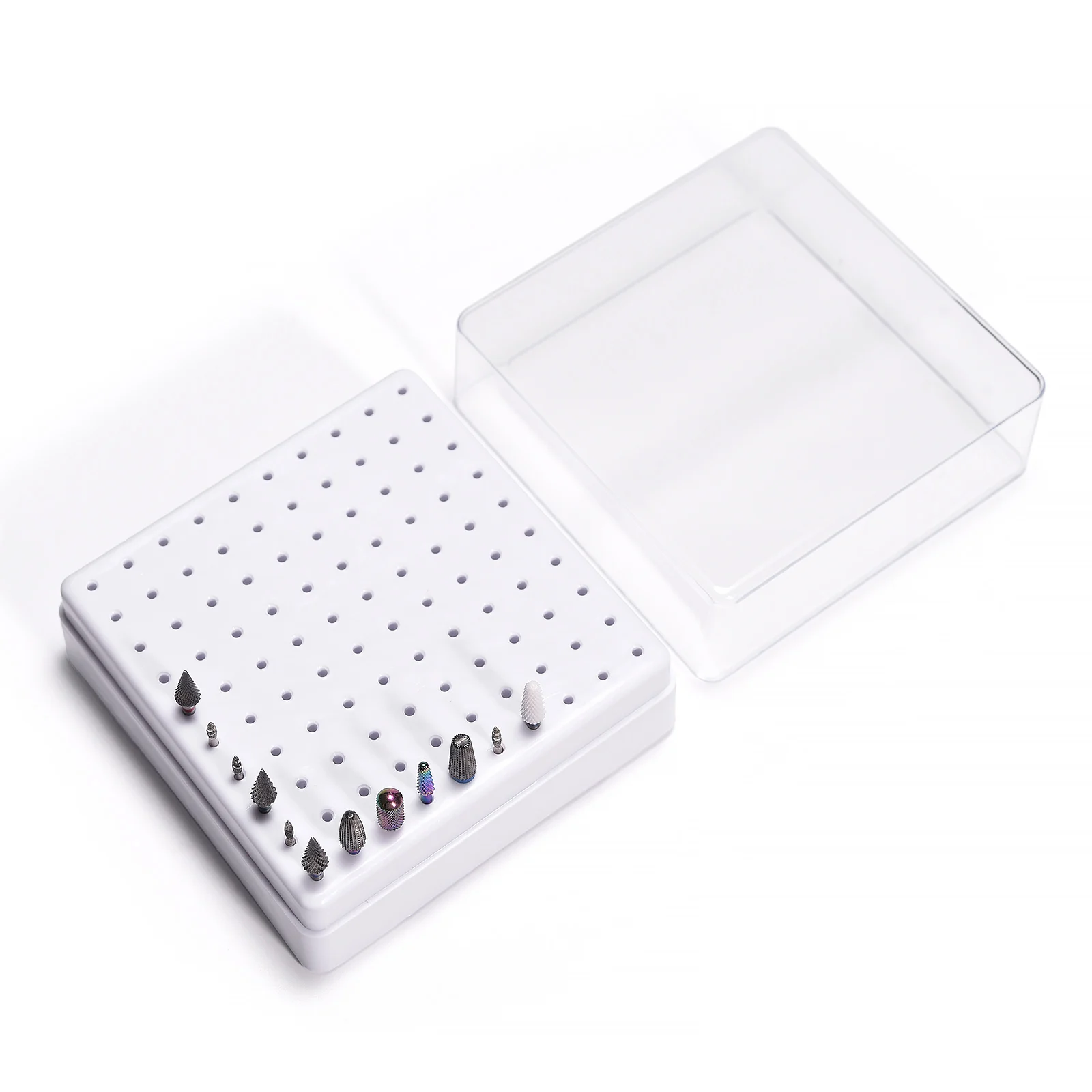 100-Hole Nail Art Drill Bit Holder White Storage Box Plastic Empty Container Case for Milling Cutters Hold Manicure Tools