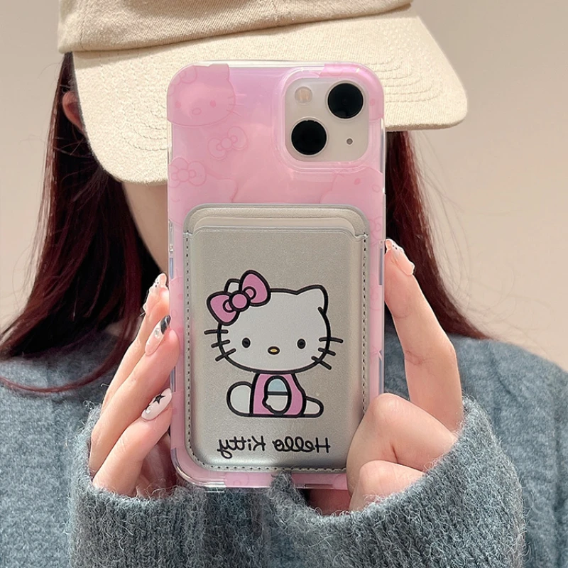 Cute Sanrio Hello Kitty Magnetic Wallet Bracket Magsafe Wireless Charge Phone Case For iPhone 16 15 14 13 12 11 Pro Max Cover