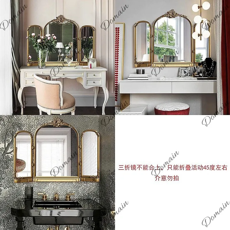 French Vintage Carved Wall-Mounted Vanity Mirror, 3-Fold Smart Dressing Mirror for Bedroom Desk