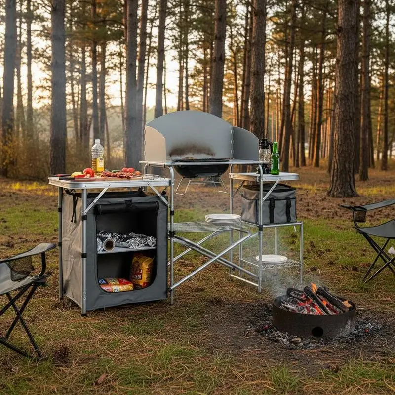 Table de barbecue pliable d'extérieur avec pare-vent et sac - Gris