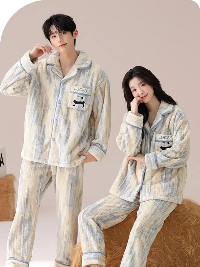 Coral Velvet Couple Pajamas Autumn Winter Women Men Thickened Wearable Cartoon Panda Home Clothing Cardigan Suit