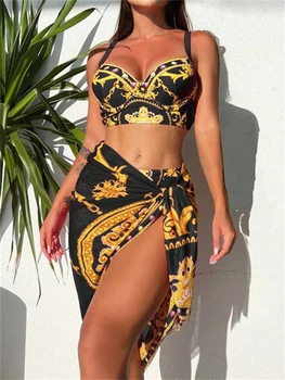 Bikini Frauen Badeanzug 2024, Neue Print Sling Bikinis Set Sexy Hohe Taille Bademode Sommer Drei Stück Bademode Badeanzug Weibliche