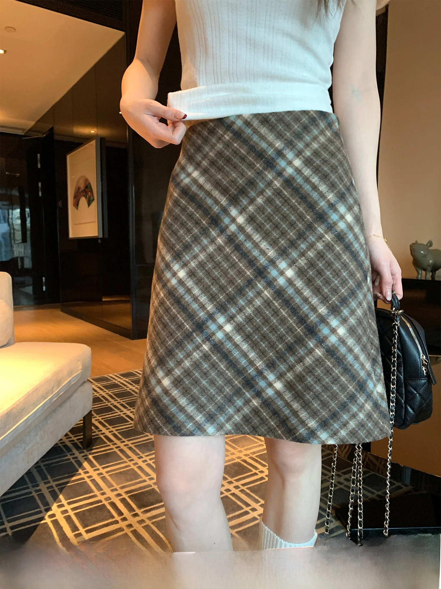 

Retro Woolen Half Skirt with Diamond Pattern A-Line Style Elegant Atmosphere Commute Suitable Teenage Girls mid Waist Design