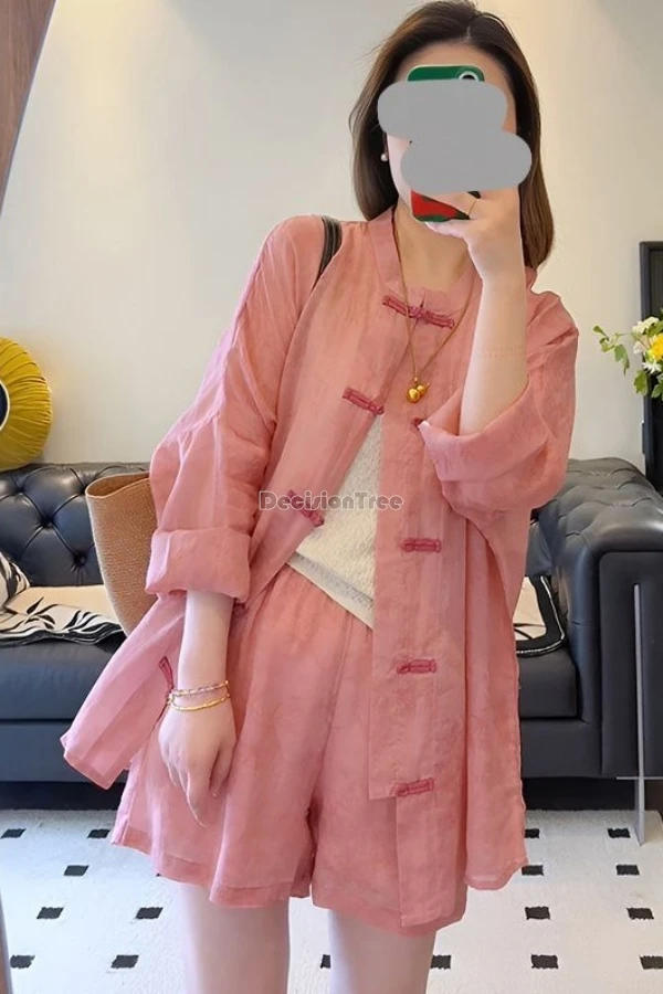 

2025 summer chinese national style purple set loose long sleeve cheongsam button shirt wide-leg shorts two-piece tang suit set