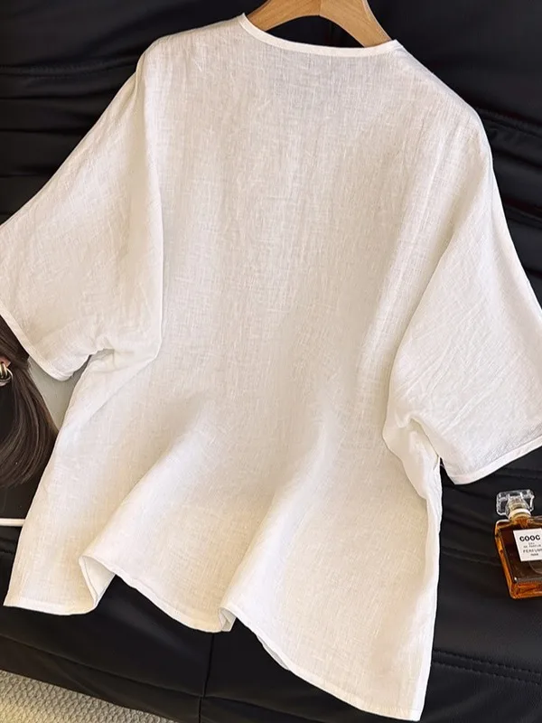 Nieuwe Chinese Sle Zware Borduren Vlas irt Grote Maat vrouwen Schuine Revers ronde Ne ort Sve Losse Veelzijdige Top Su...