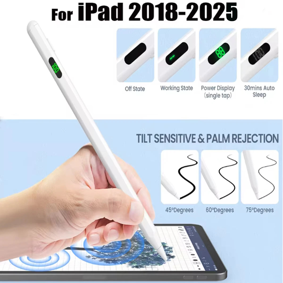

Stylus Pen for iPad(2018-2025)-60 Mins Fast Charge with Tilt Sensitivity & Palm Rejection for iPad 11/10/9/8/7/6th Gen, Air 7/6/