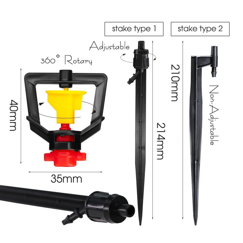 5PCS 360° Rotary Micro Sprinkler Garden Drip Irrigation Nozzle Adjustable Emitters 13CM Stake Sprayer Greenhouse Watering System