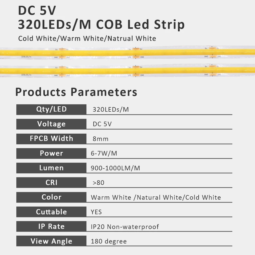 5 فولت USB COB LED قطاع ضوء 320 المصابيح/م الدافئة الطبيعية الباردة الأبيض مرنة حزام خفيف 2pin 8 مللي متر لغرفة النوم غرفة المعيشة ديكور المنزل