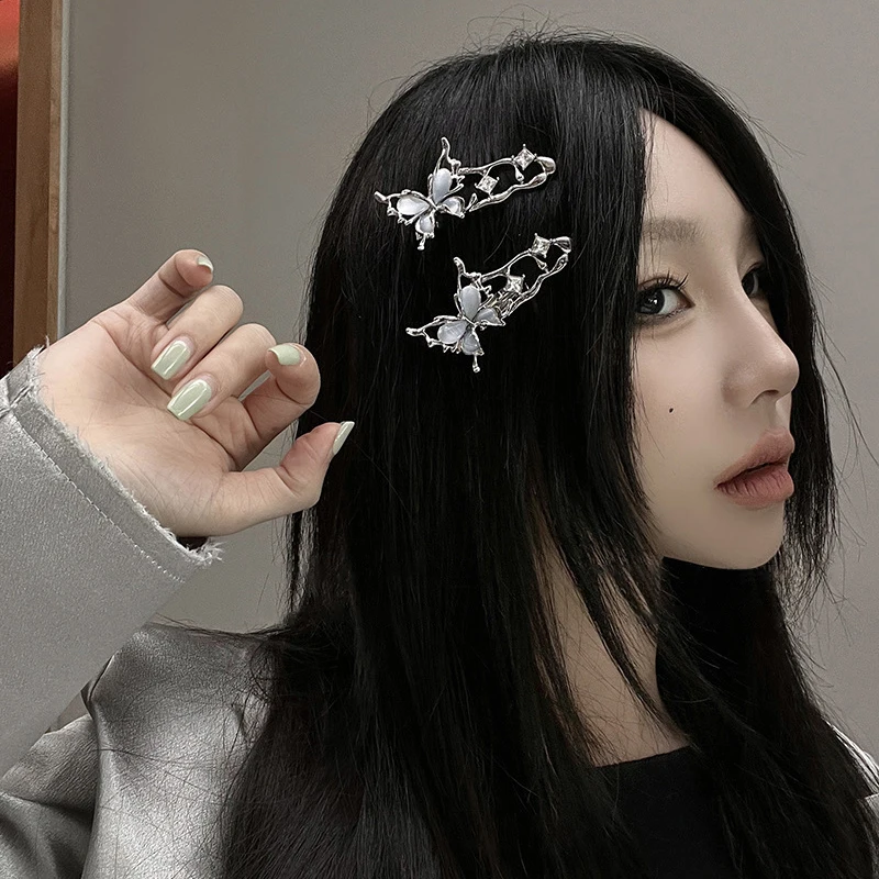 Liquid Metal Cat\'s Eye Butterfly Zircon Hairpin Headdress Trendy Design Y2K Girls Delicate Hair Clip Women Hair Accessories