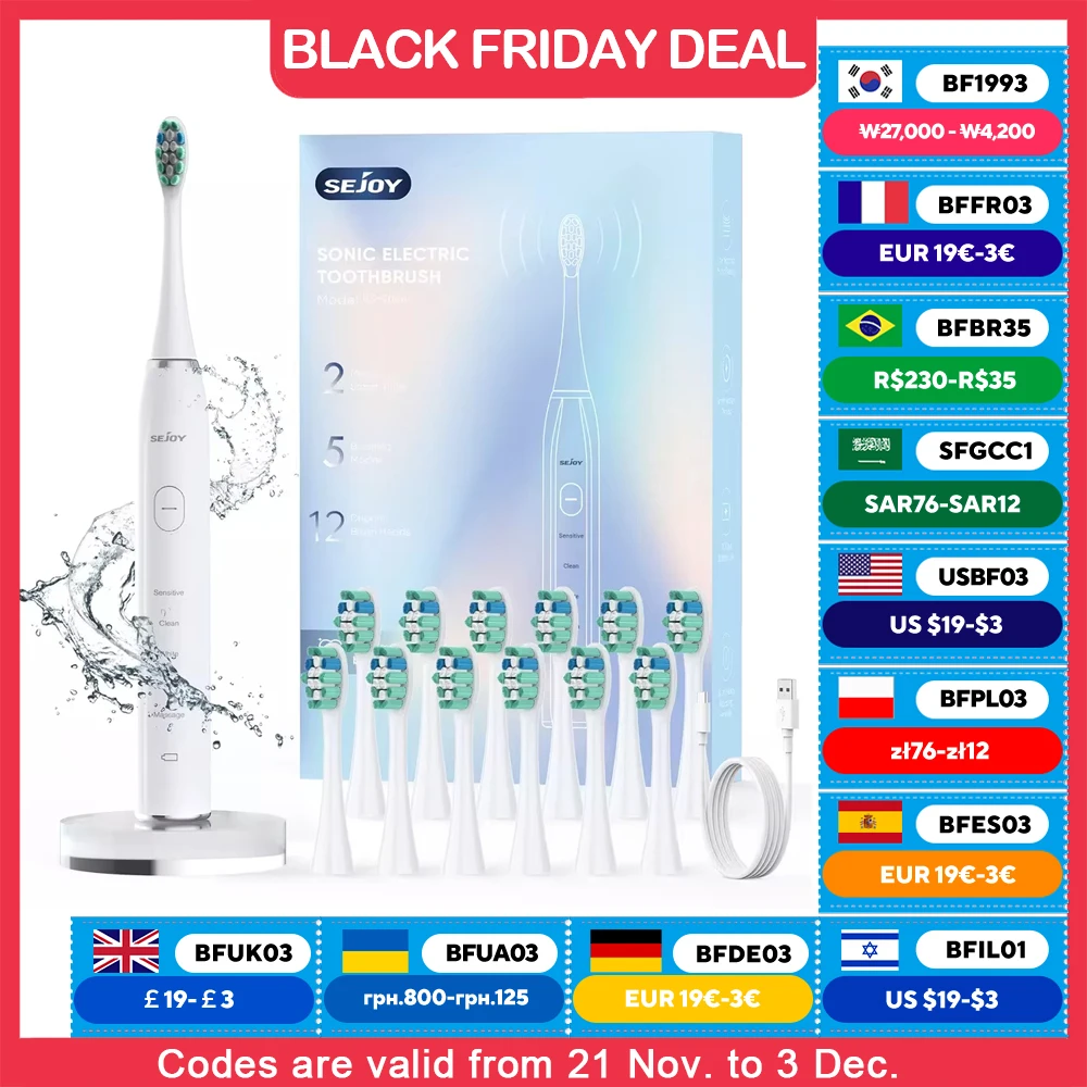 SEJOY Sonic  Expert Clean Electric Toothbrush Rechargeable High Power Vibration12 Brush Heads 5 Modes