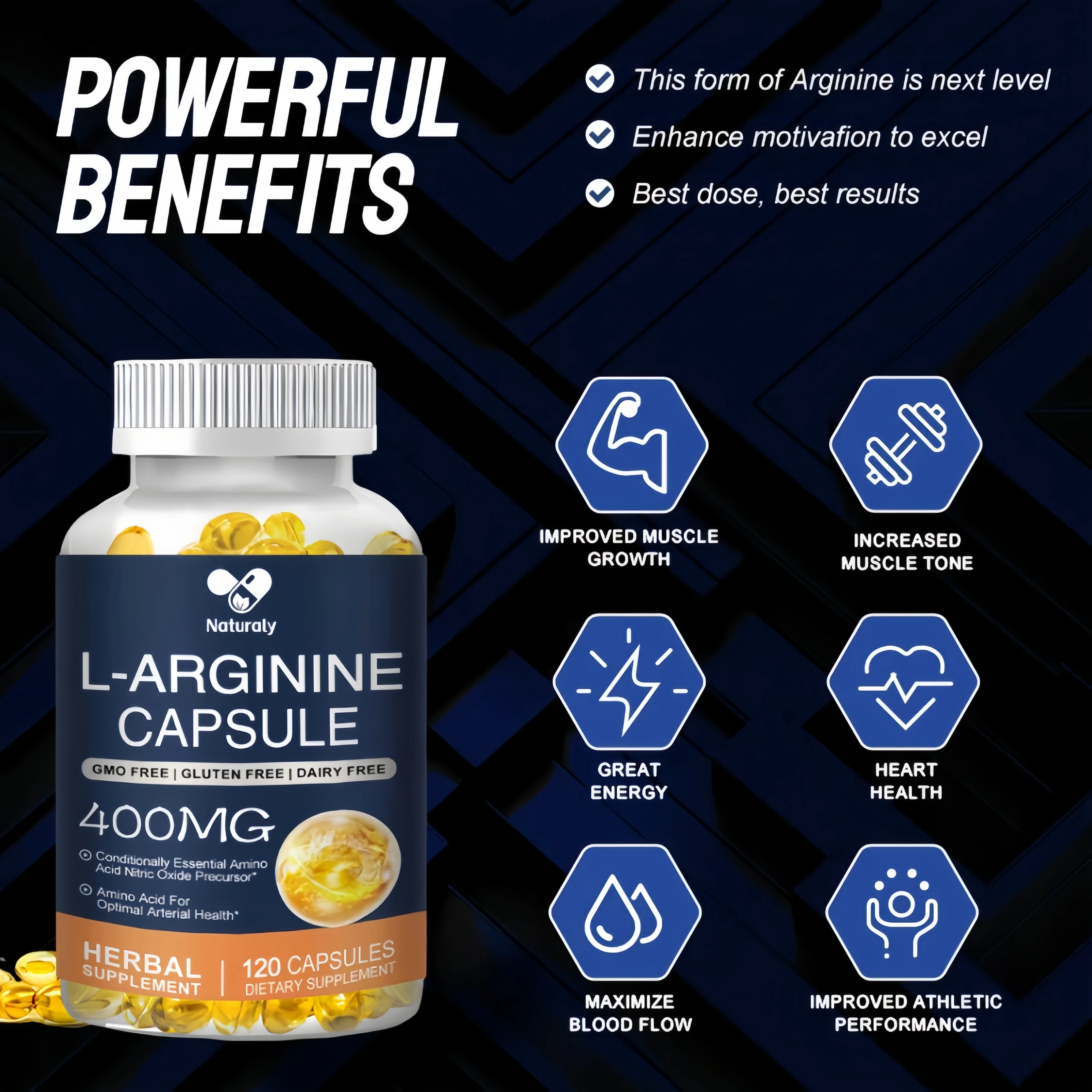 L-Arginine Capsules Supplement - For Energy, Strength And Endurance Support During Exercise | Muscle Mass, Non-Gmo