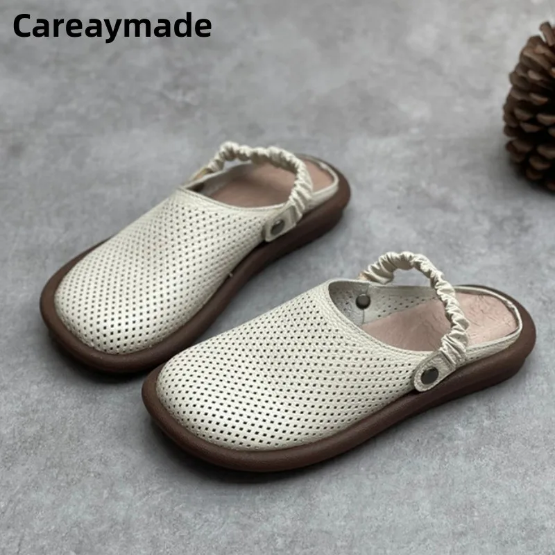 Careaymade-Summer Genuine Leather Women\'s Shoes Breathable Hollow Half Slippers Sandals Women\'s Retro Thick Sole Hole Shoes