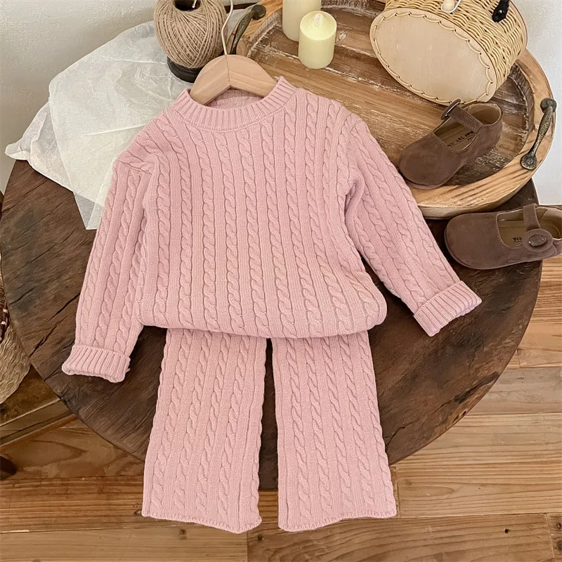 Soft Warm Knitting Sets for Girls Solid Striped Pullover Sweaters+Elastic Waist Straight Pants Two Pieces Children Winter Suits