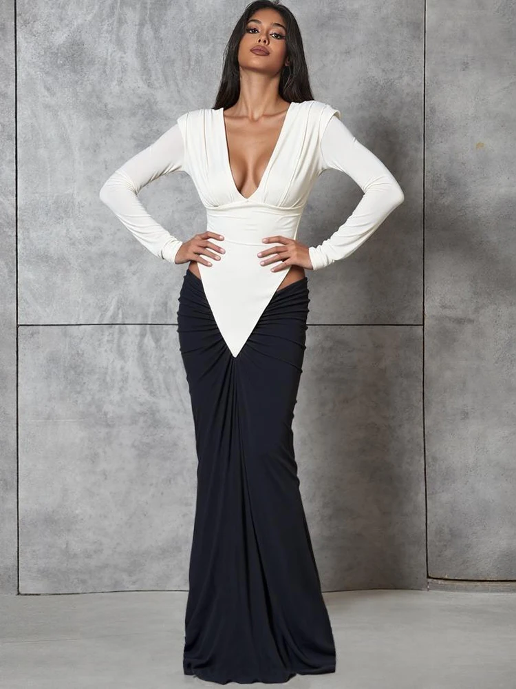 Weird Puss Sexy Waistless Patchwork Dress Women Deep V-Neck Ruched Elegant Peach Hip Simple Classic Stretch Skinny Maxi Bodycon