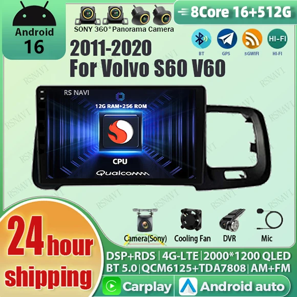 Radio para Auto con Android 16, Carplay, Qualcomm, Pantalla QLED 2K, Reproductor para Volvo S60 V60 2011-2020, GPS, Multimedia, Wifi, BT, Navegación