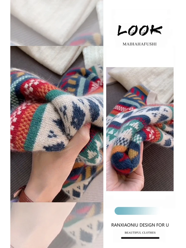 

Faionable Slimming Age-Defng Set Women's Fair Isle Color Blo Knit round Ne Sweater Base irt Thi Winter Autumn Wear