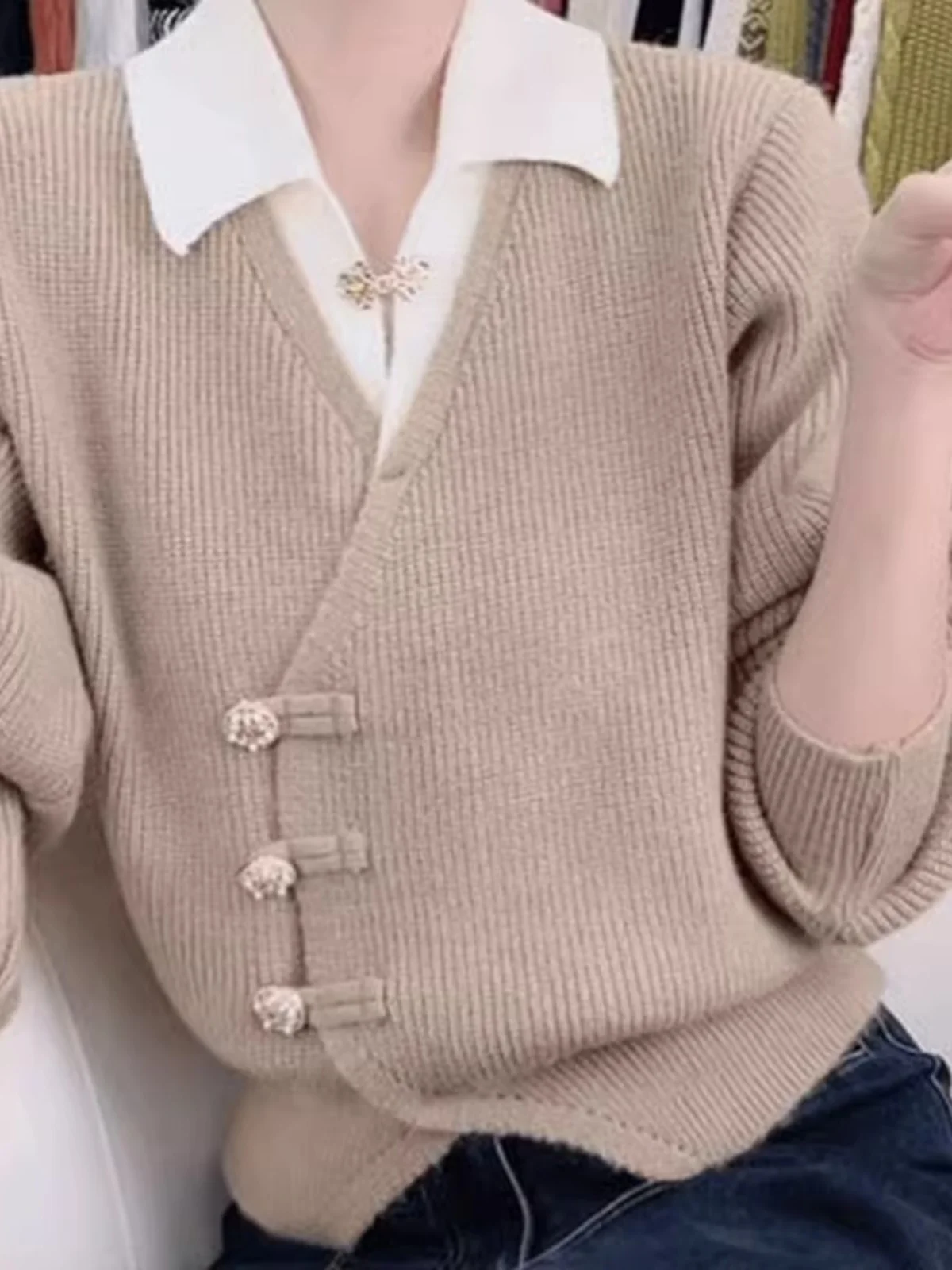 Cárdigan Hoado de Punto para Mujer, Estilo Otoñal, Diseño con Sensación de Dos Piezas, Suéter Acolchado con Botones