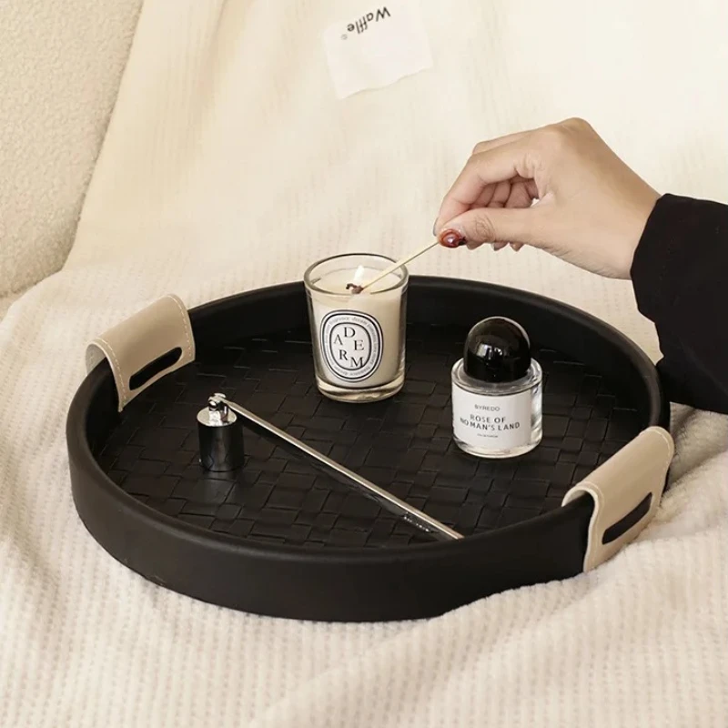 

1 Round Leather Tray, Aromatherapy Rotatable Ornaments, Light Luxury Entrance Key Sundries Storage Trays,Home Organization
