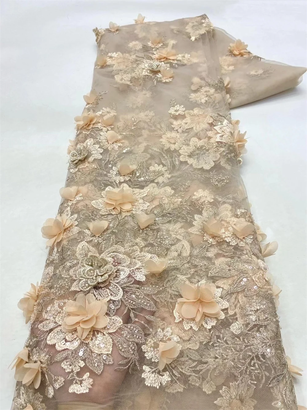 

Cheap African 3D Flower Fabric Bead Fabric Luxury For Wedding Dress 2024 High Quality Embroidered Lace Yellow Lace Fabric A10-2