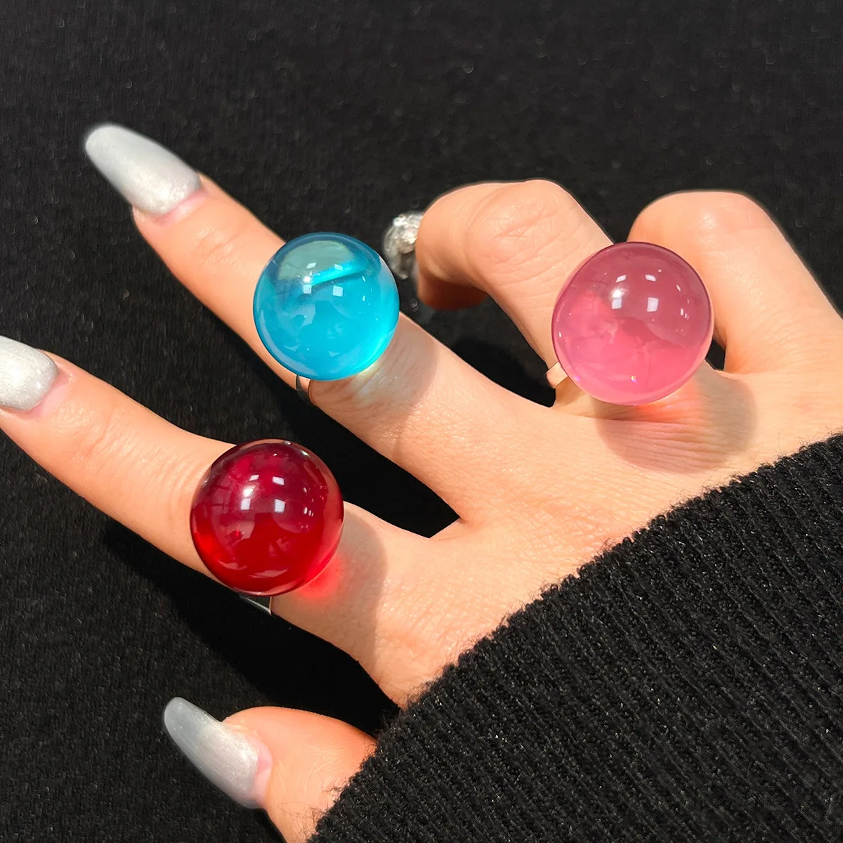 Fashionable Jelly Transparent Ball Adjustable Finger Ring Sweet Summer Resin Colorful Women's Ring Party Y2K Jewelry Girl Gift