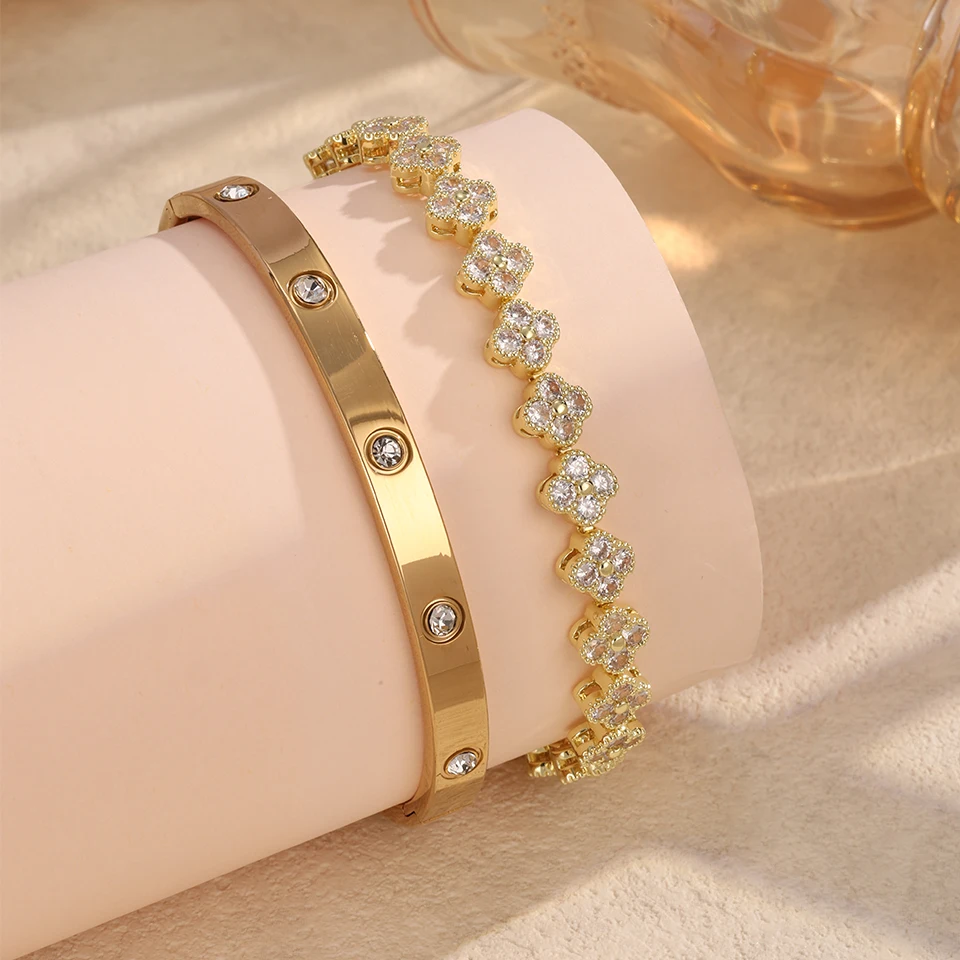 2PCS Colorful Shiny Zircon Five-leaf Flower Stacked Bracelet Bangles High Quality 18K Gold-plated Stainless Steel Jewelry Gift