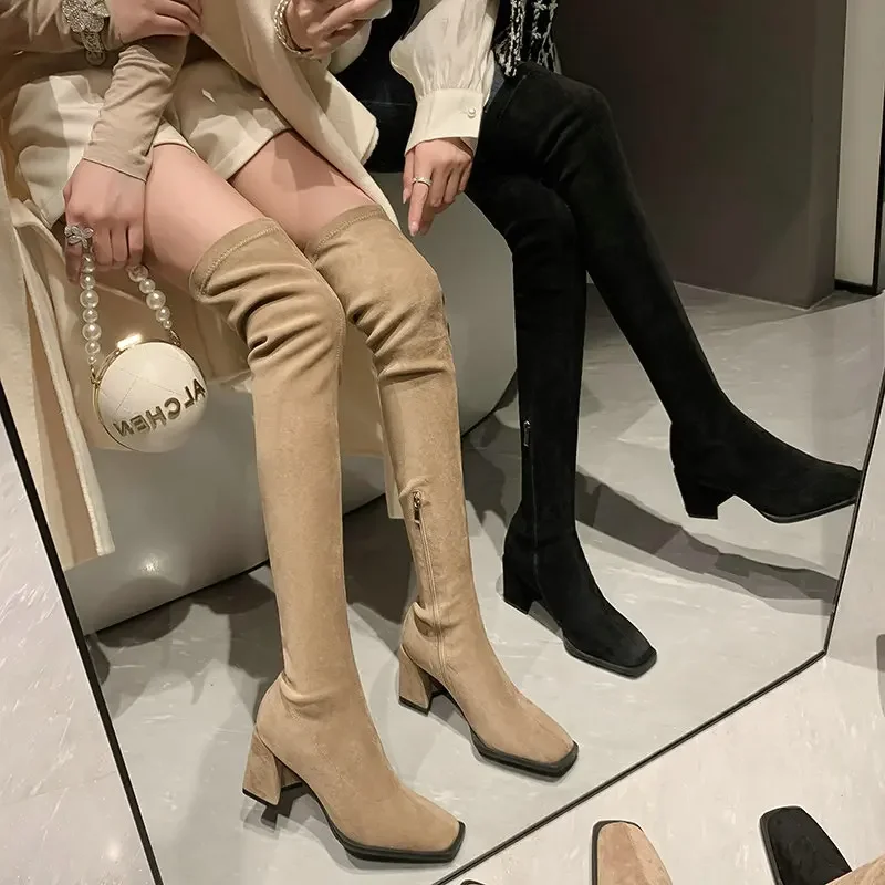 

Nubuck Suede Leather Sexy Mature Ladies Socks Botines Chunky High Heels Over-the-knee Stretch Boots Winter Women Warm Shoes