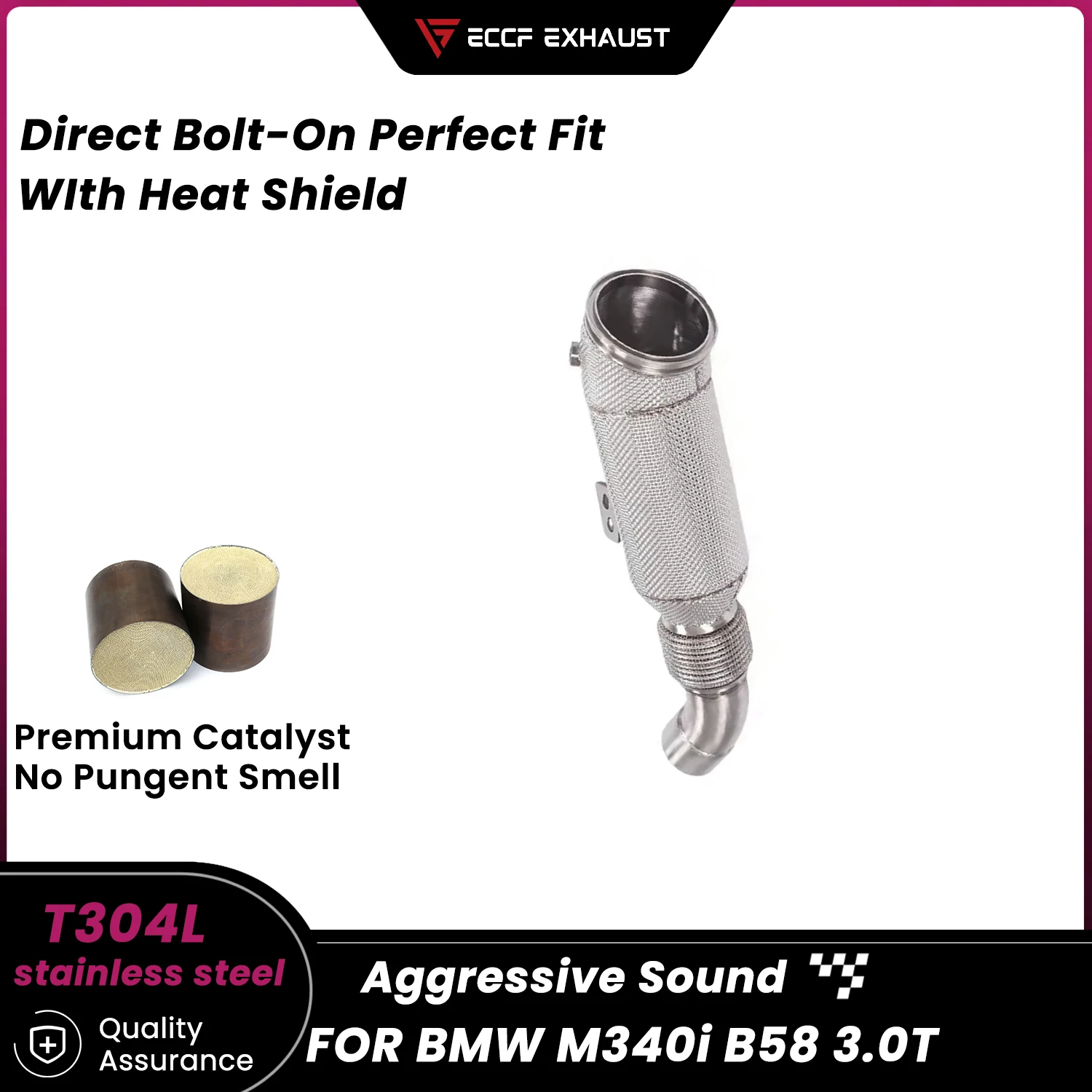 

Sporty Downpipe With Heat Shield For BMW M340i B58 3.0T Aggressive Exhaust Sound High Flow Easy Installation