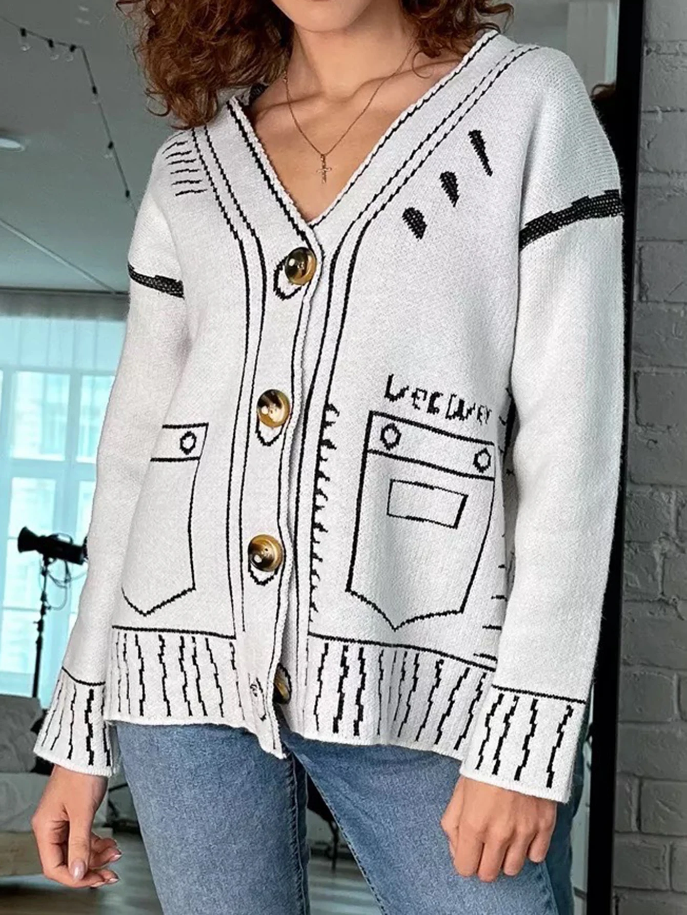 سترة كاجوال برقبة دائرية وأكمام طويلة وأكمام مستقيمة بدون تزيين ملابس تريكو نسائية مفتوحة من الأمام #4