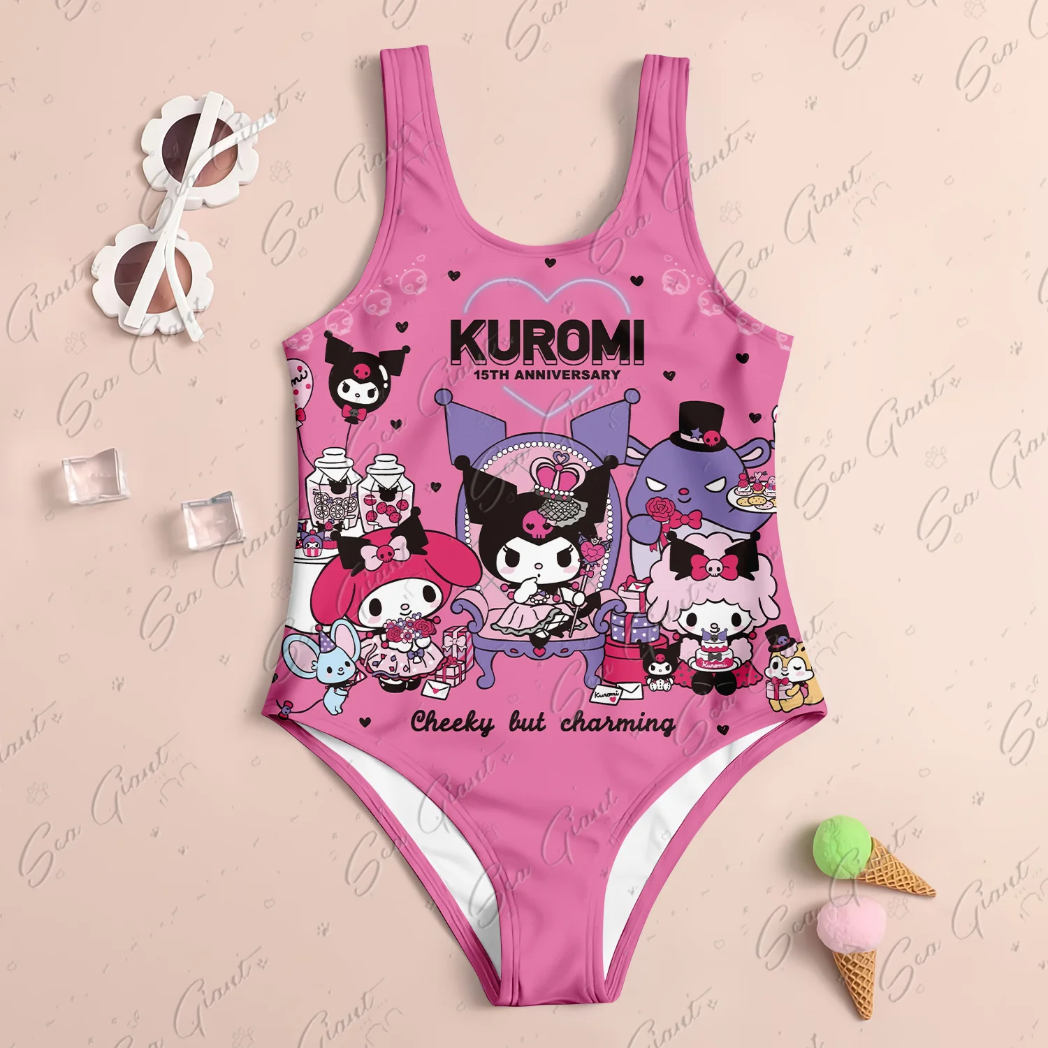 MINISO Cute Kuromi Print New Girl Summer One-Piece Swimsuit Fashion Cartoon Women Kids Swimwear Sleeveless Swim Clothing