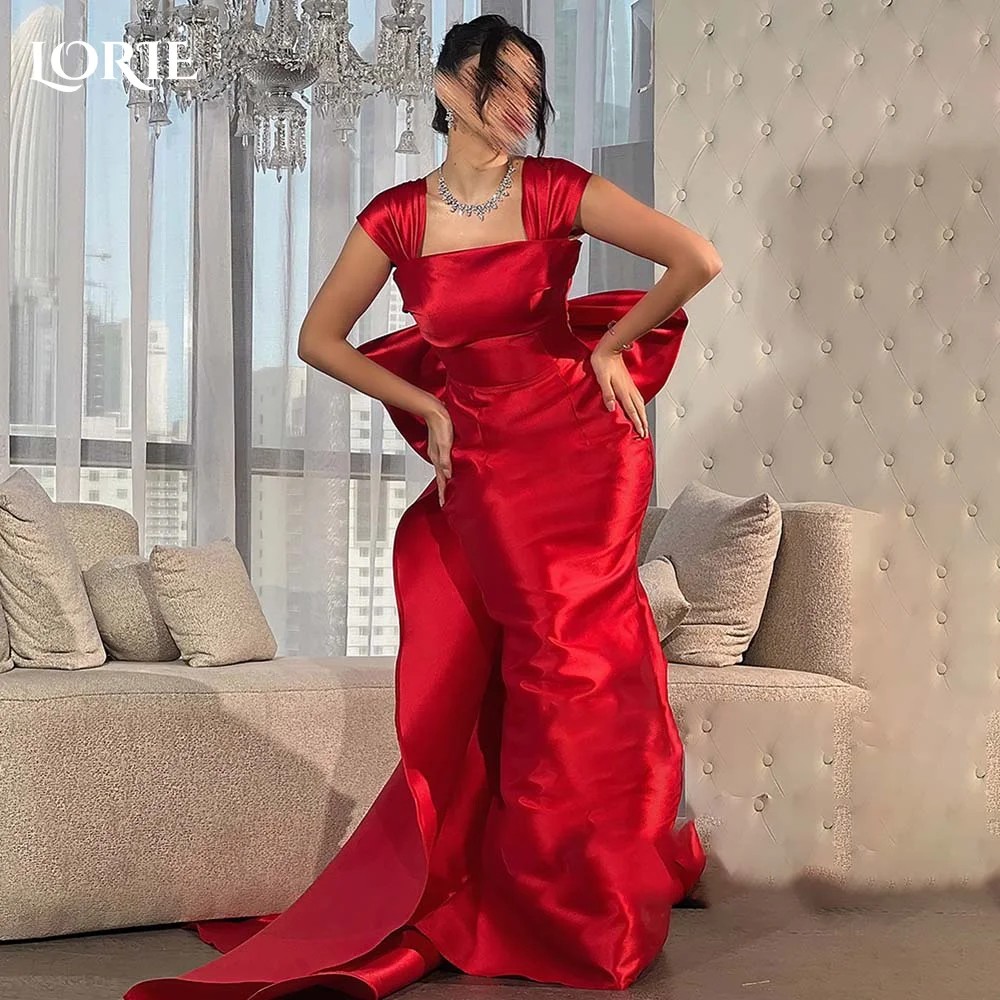 

LORIE Elegant Flowers Evening Dresses Bow Red Mermaid Prom Dresses Satin Backless Pleats Square Neck Clebrity Party Gowns 2024