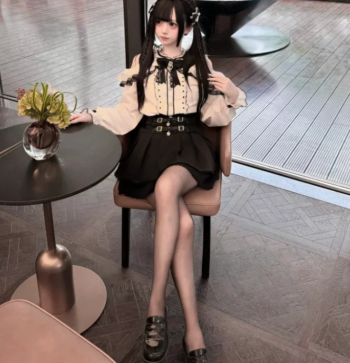New Japanese Subculture Sweet Sets Women Long Sleeve Off-the-shoulder Lace Shirt Fashion High Waist A-line Age-reducing Skirt