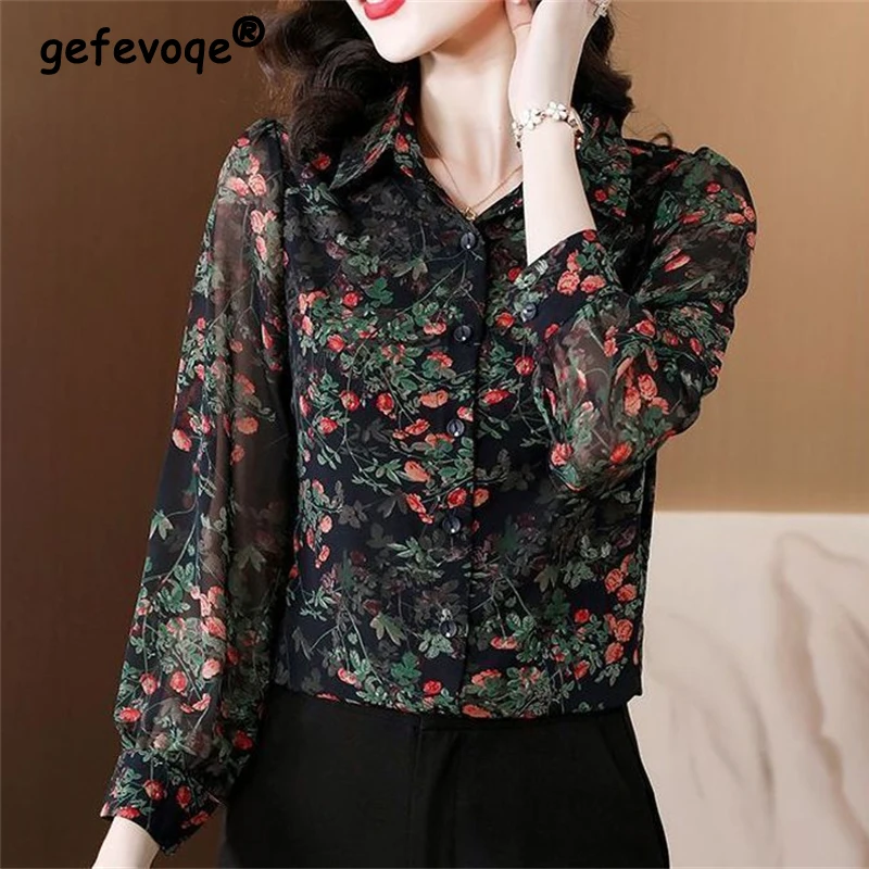 

Women Vintage Floral Print Button Shirts Korean Style Lapel Elegant Blouses Casual Long Sleeve Loose Tops Blusa Mujer Moda 2023