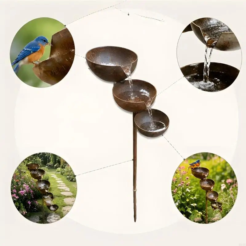 Vogeltränkeständer für den Außenbereich, Gartenwasserständer aus Metall mit drei Schüsseln, 31,5 Zoll verwitterter und Regennapf – Detail 2