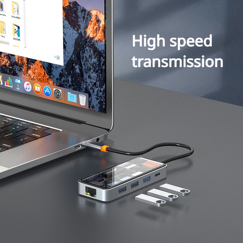 Transparent TYPE C 6/8-in-1 Docking Station USB C Hub with 4K/60Hz, 100W PD,USB 3.0 ,RJ45 1000M,SD/TF Reader for Phone Laptops