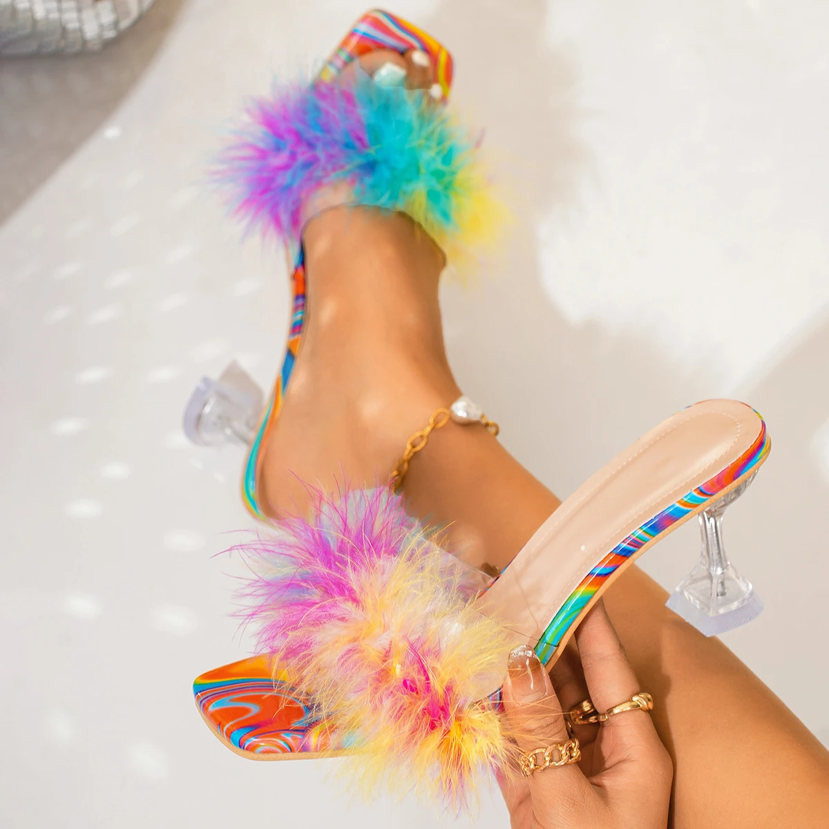 Women Sandals Summer Fashion Slippers Trend Hairy Stiletto Sandals Women Word Drag Open Toe Wear High Heel Shoes for Women