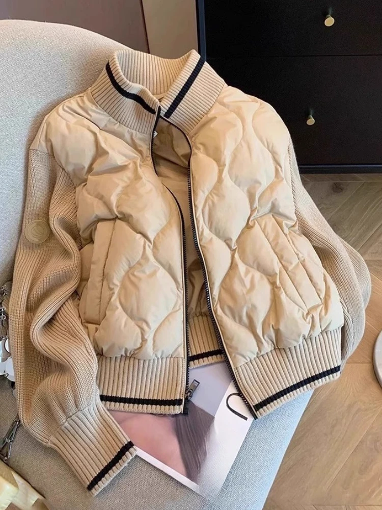 

Fashion Vintage Quilted Coats Stand Neck Long Sleeve Zipper Pockets Contrast Color Jackets Casual Loose Tops 2025 Women Clothing