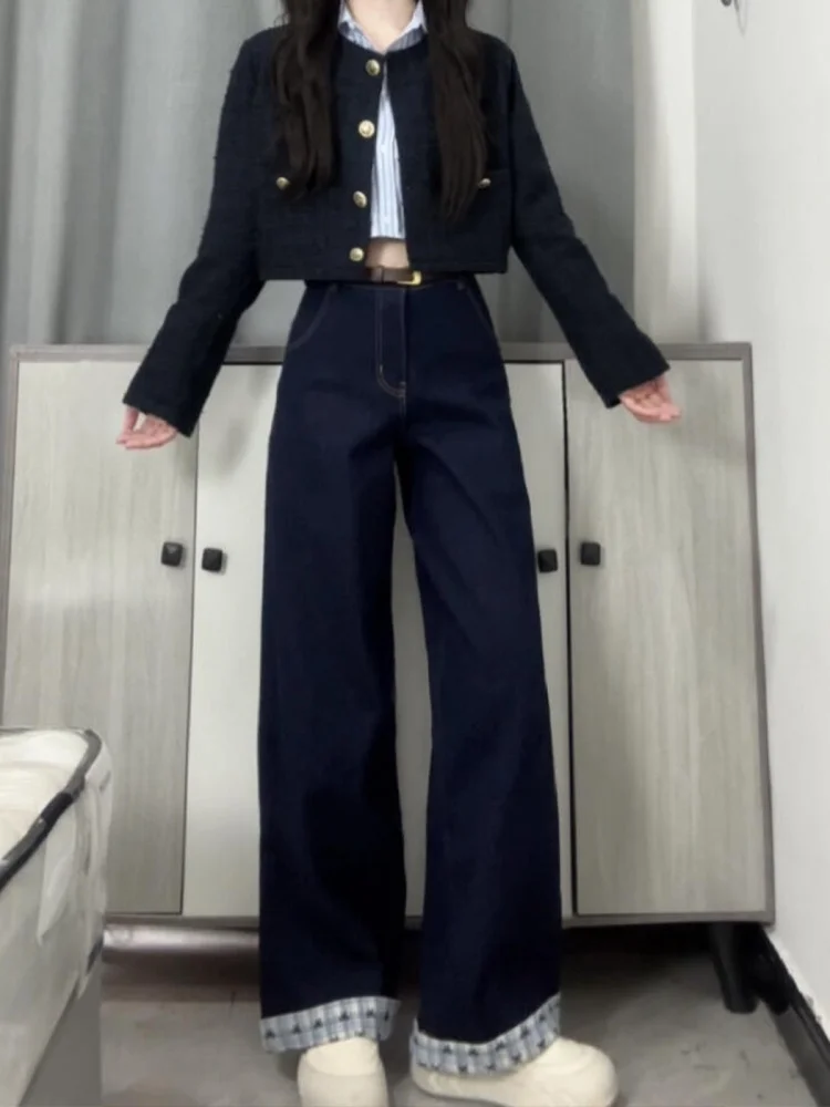 

High Waist Plaid Fleece Wide Leg Jeans Women Autumn Winter Loose Straight Floor-Length Pants Trousers American Style Casual Wear