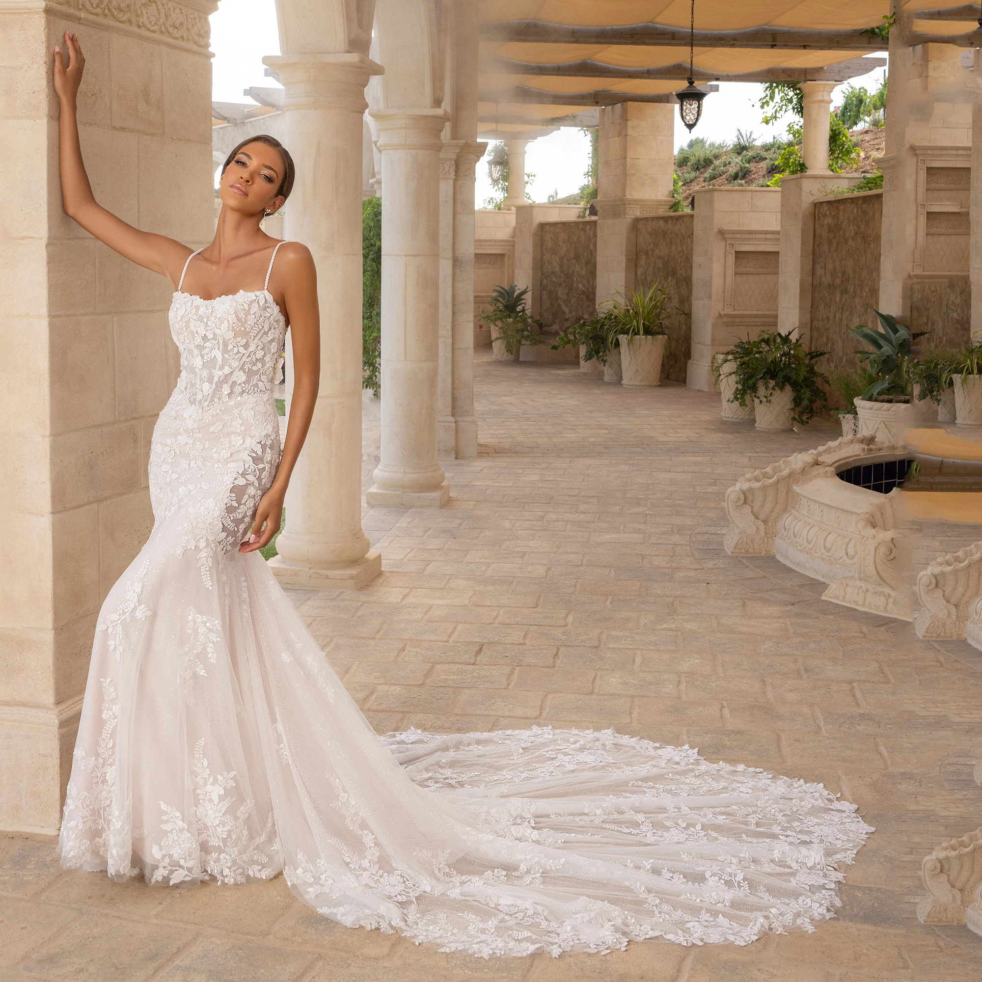 

Luxury Mermaid Wedding Dress Customized Strapless Spaghetti Straps Sparkling Lace Bridal Gown Vestidos De Novia Sweep Train
