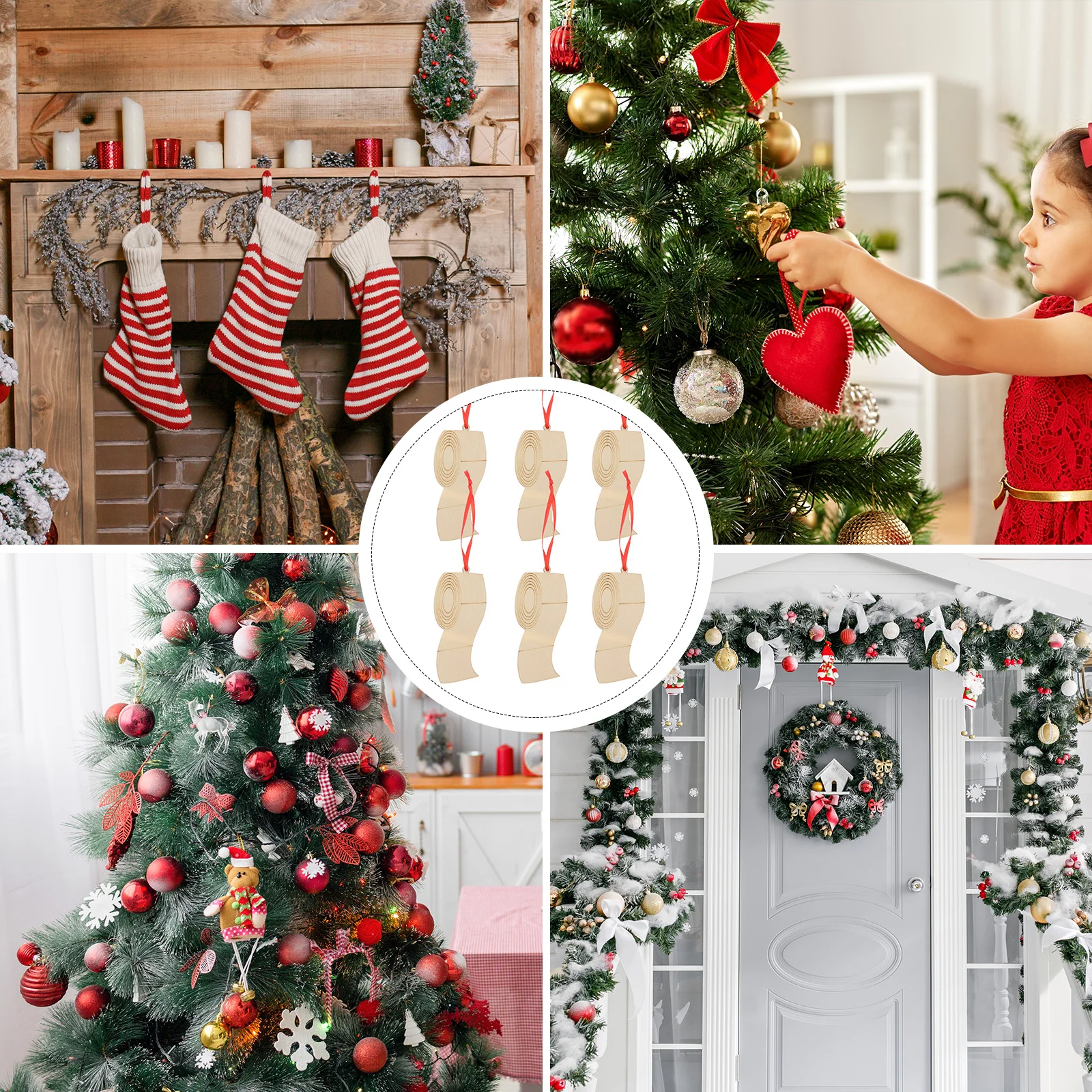 

6Pcs Wooden Xmas Tree Hanging Pendants Christmas Graffiti Family Blessing Ornament Decoration Christmas Hanging Ornaments