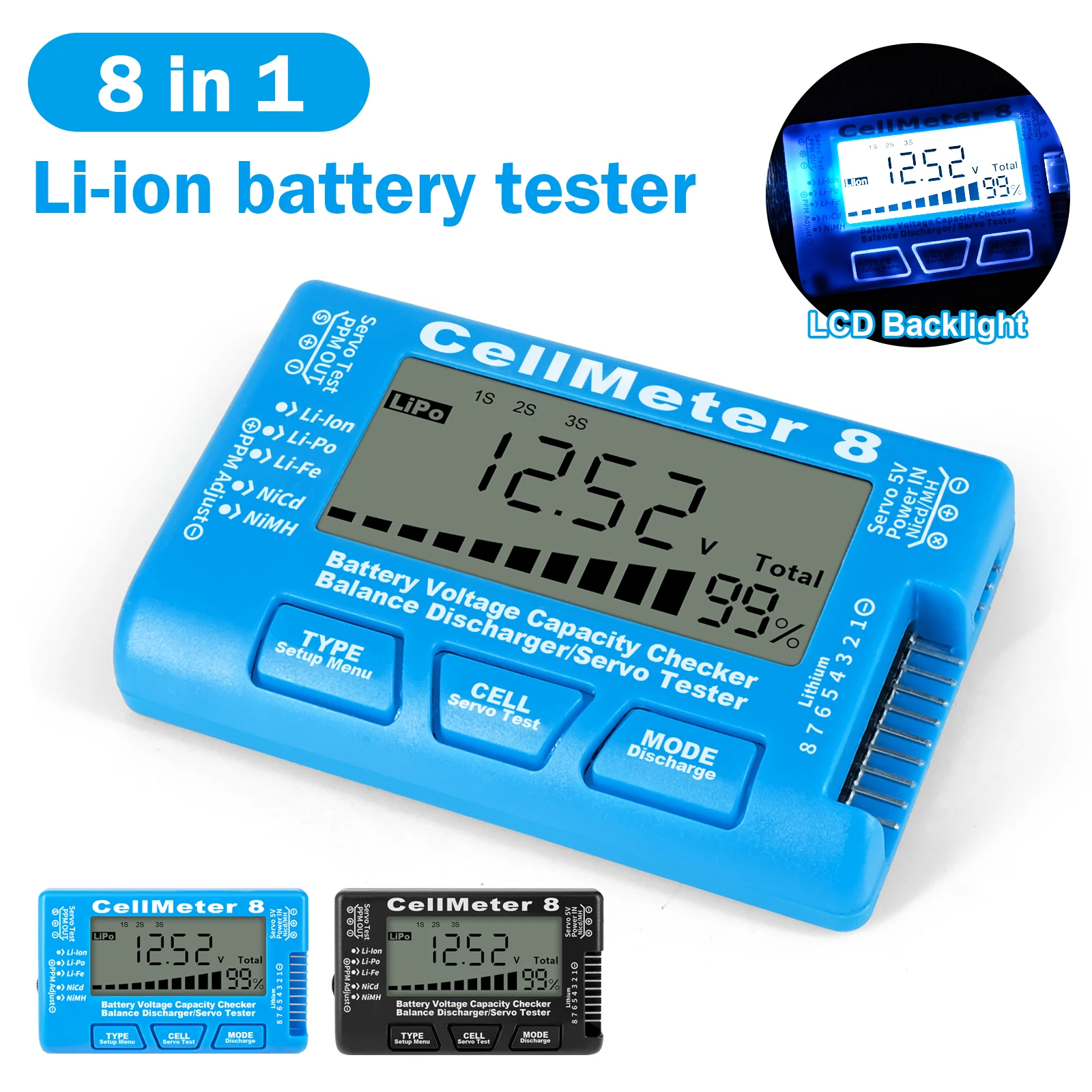 CellMeter-8 Voltage Tester Digital Battery Capacity Checker Controller Tester for Li-Ion NiMH Nicd Cell Meter Black/Blue