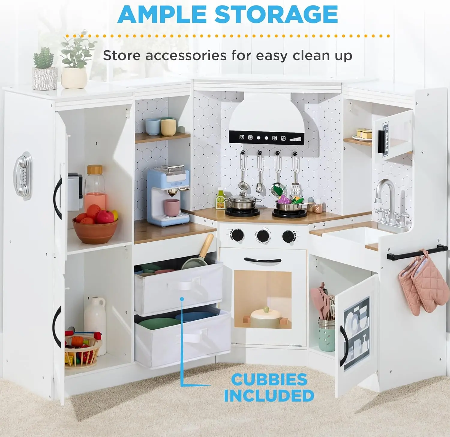 مجموعة لعب مطبخ خشبية للأطفال ، زاوية لعب مزيفة ، تفاعلية مثالية ، أضواء وأصوات ، صانع ثلج ، غطاء محرك السيارة