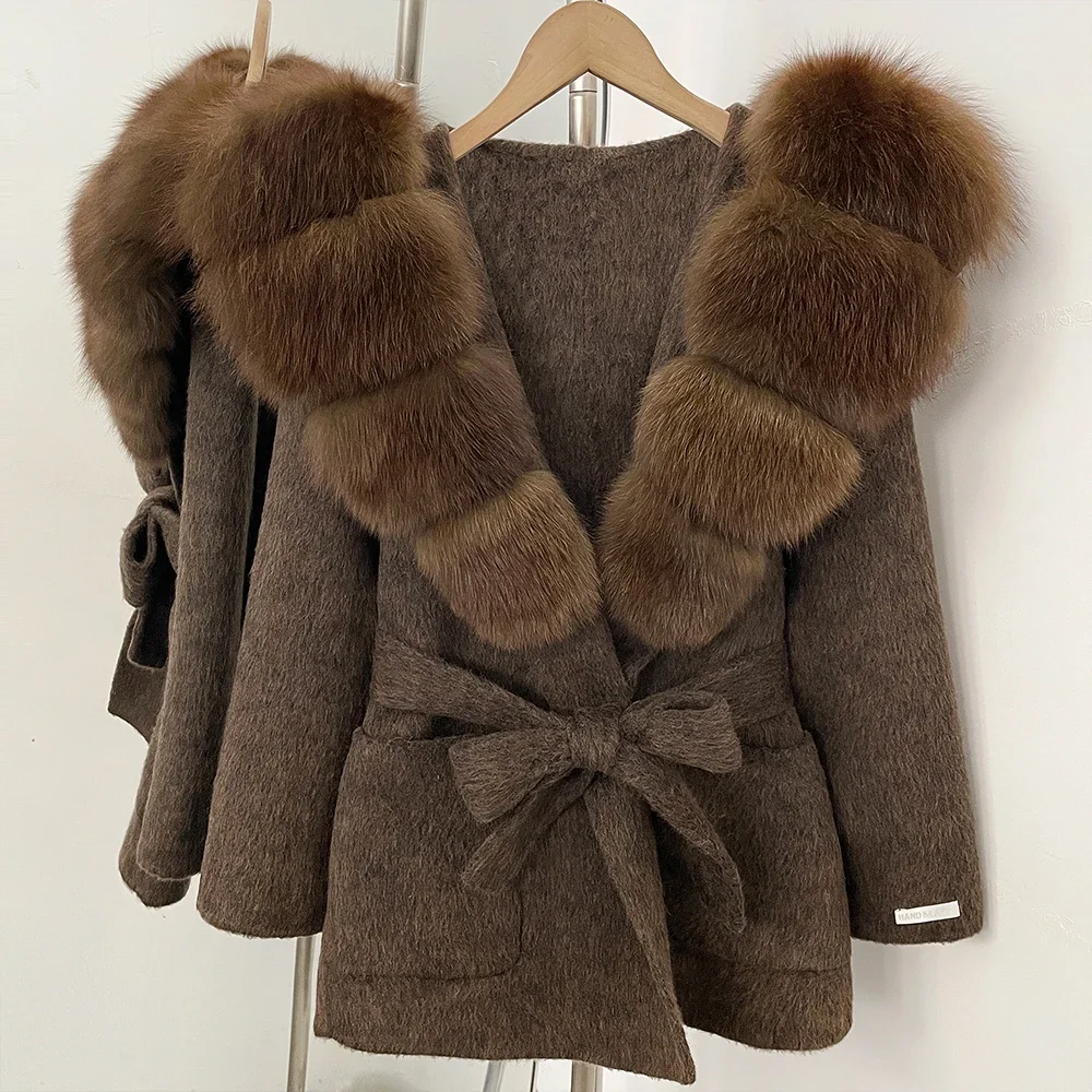 OFTBUY Neue warme Winterkleidung für Damen, Wollmantel mit Gürtel und großem Naturfellkragen, modische Kapuzenjacke aus echtem Fuchsfell und Wolle für Frauen – Detail 9