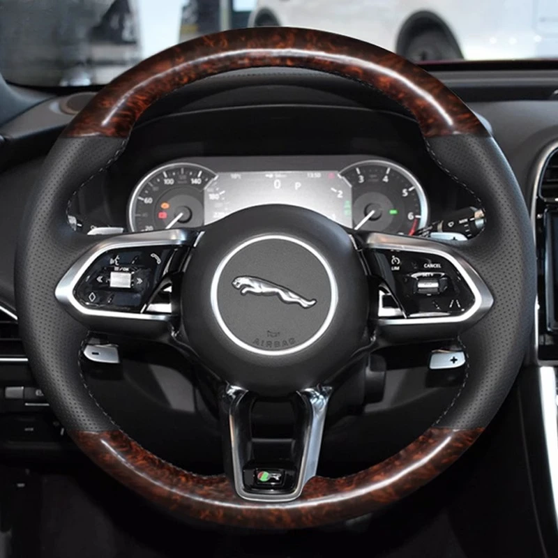 

100% подходит для Jaguar XF XJL XE F-PACE F-TYPE, прошитый вручную черный чехол из натуральной кожи персикового дерева, чехол на руль автомобиля